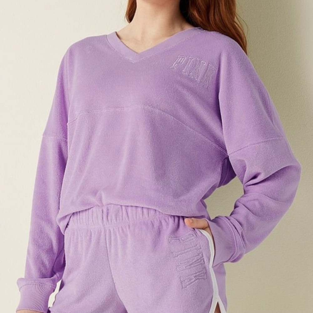 Victoria's Secret PINK Purple Terry Cloth V-Neck Jersey Pullover Sweatshirt XS